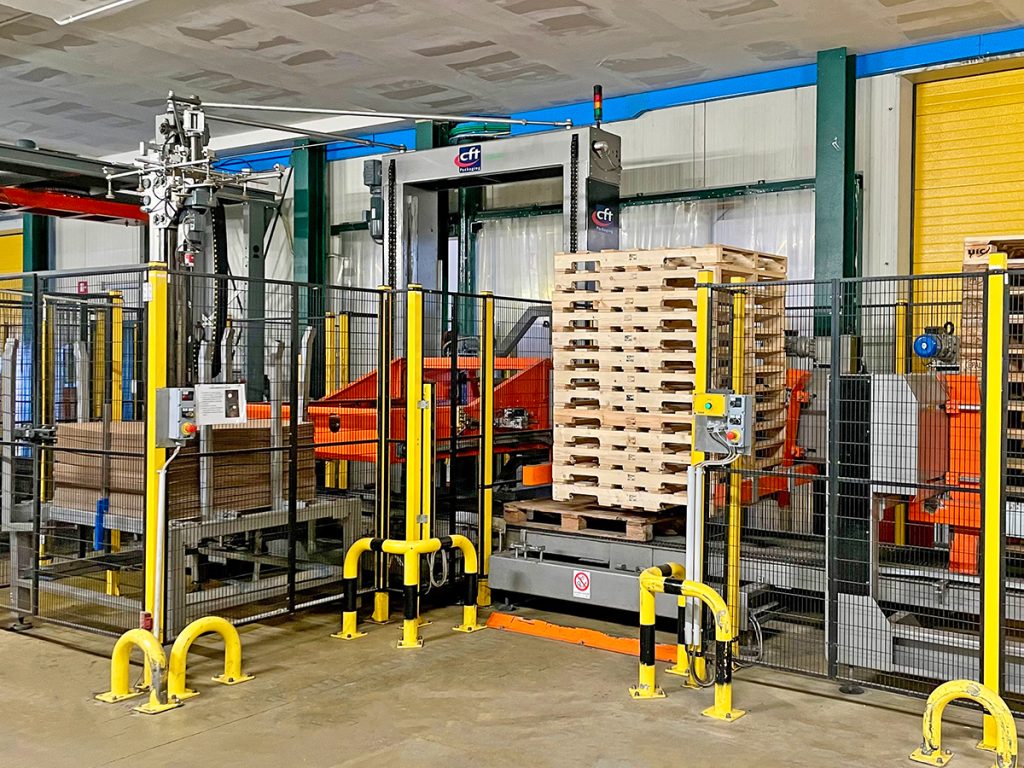 For sale, used and refurbished COMACO PA4B palletizer (2007), palletizes up to 10,800 bph. Complete with automatic layer inserter. See photos.
